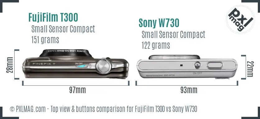 FujiFilm T300 vs Sony W730 top view buttons comparison