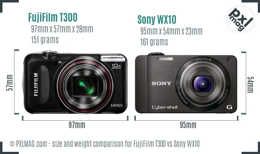 FujiFilm T300 vs Sony WX10 size comparison