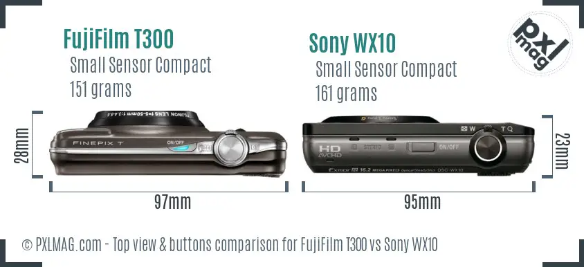 FujiFilm T300 vs Sony WX10 top view buttons comparison