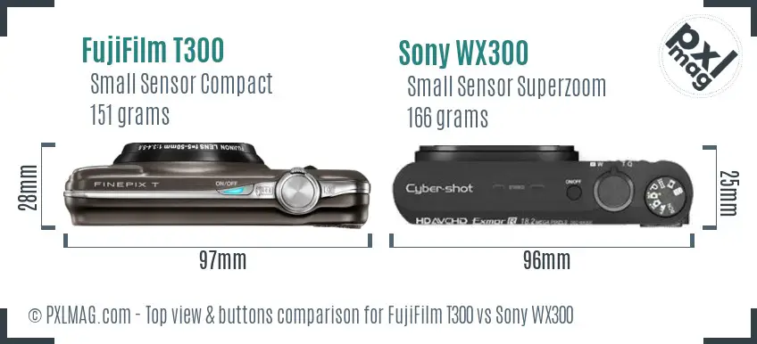 FujiFilm T300 vs Sony WX300 top view buttons comparison