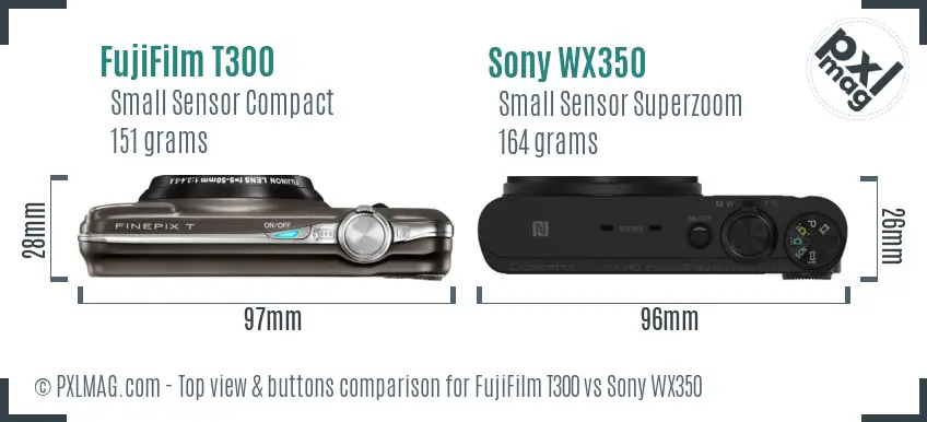 FujiFilm T300 vs Sony WX350 top view buttons comparison