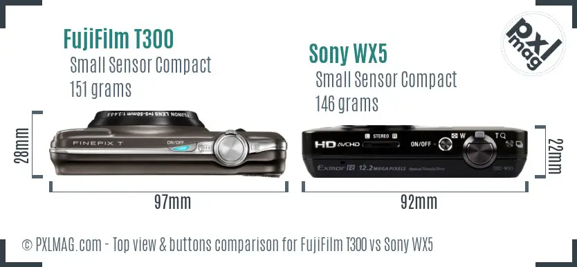 FujiFilm T300 vs Sony WX5 top view buttons comparison FujiFilm T300 vs Sony WX5 top view buttons comparison