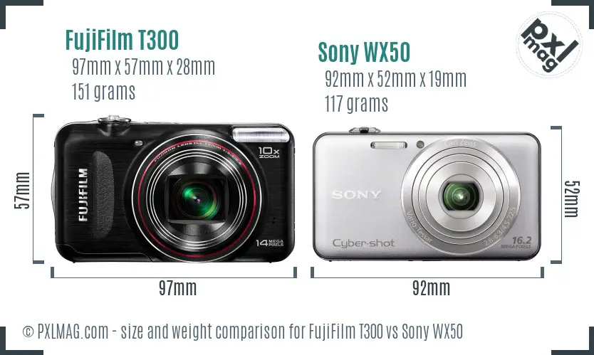 FujiFilm T300 vs Sony WX50 size comparison