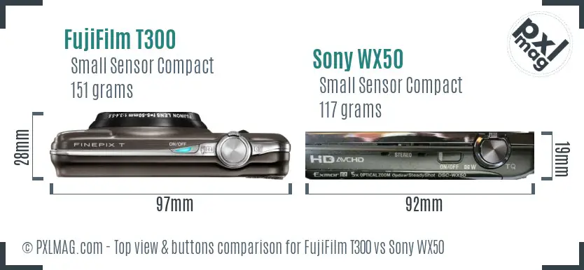 FujiFilm T300 vs Sony WX50 top view buttons comparison