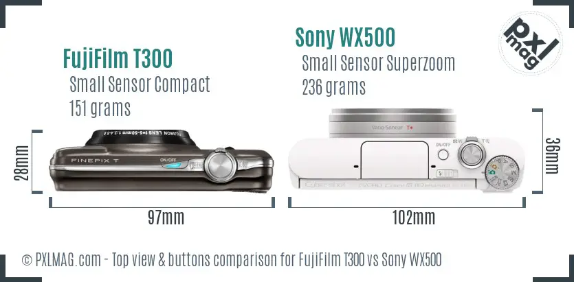 FujiFilm T300 vs Sony WX500 top view buttons comparison FujiFilm T300 vs Sony WX500 top view buttons comparison
