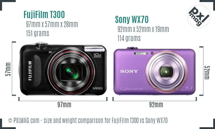 FujiFilm T300 vs Sony WX70 size comparison