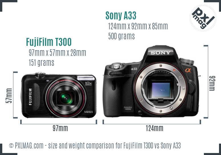 FujiFilm T300 vs Sony A33 size comparison
