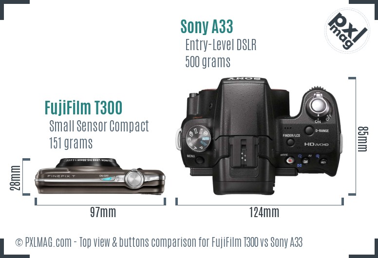 FujiFilm T300 vs Sony A33 top view buttons comparison