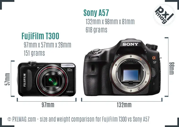 FujiFilm T300 vs Sony A57 size comparison