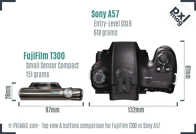 FujiFilm T300 vs Sony A57 top view buttons comparison