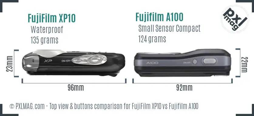 FujiFilm XP10 vs Fujifilm A100 top view buttons comparison