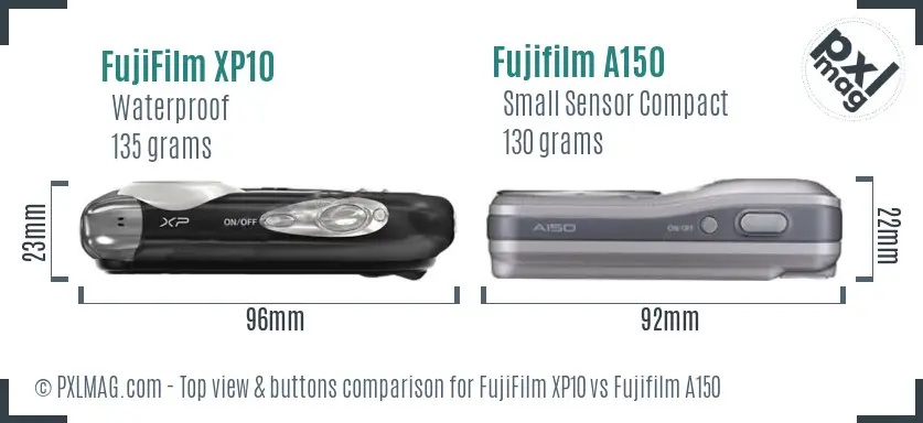 FujiFilm XP10 vs Fujifilm A150 top view buttons comparison FujiFilm XP10 vs Fujifilm A150 top view buttons comparison