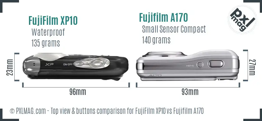 FujiFilm XP10 vs Fujifilm A170 top view buttons comparison FujiFilm XP10 vs Fujifilm A170 top view buttons comparison