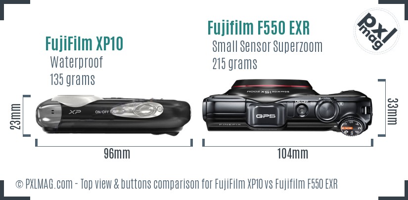 FujiFilm XP10 vs Fujifilm F550 EXR top view buttons comparison