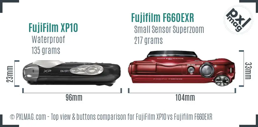 FujiFilm XP10 vs Fujifilm F660EXR top view buttons comparison