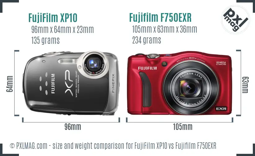 FujiFilm XP10 vs Fujifilm F750EXR size comparison