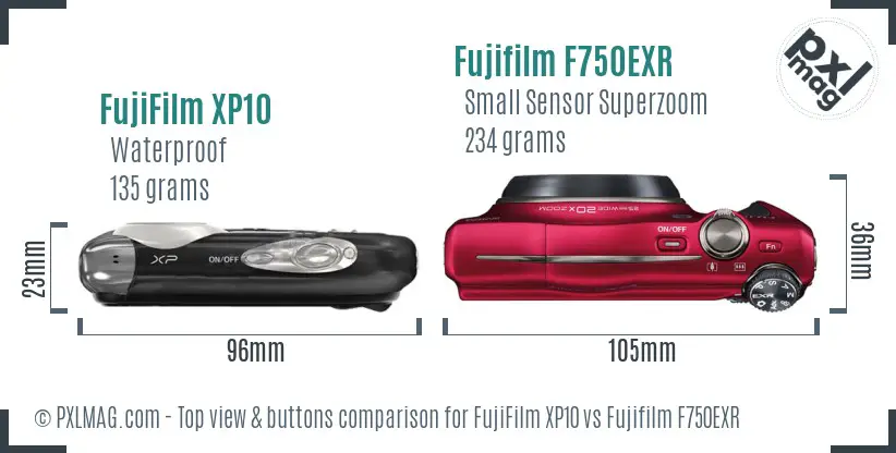 FujiFilm XP10 vs Fujifilm F750EXR top view buttons comparison