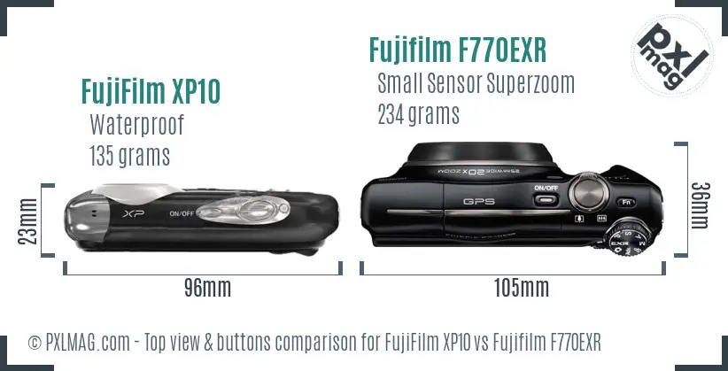 FujiFilm XP10 vs Fujifilm F770EXR top view buttons comparison