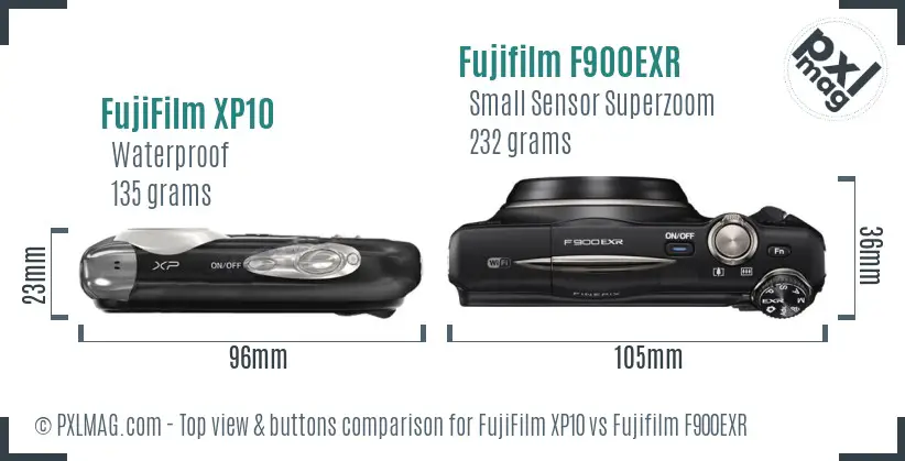 FujiFilm XP10 vs Fujifilm F900EXR top view buttons comparison FujiFilm XP10 vs Fujifilm F900EXR top view buttons comparison