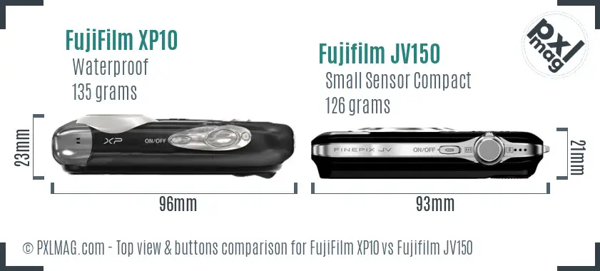 FujiFilm XP10 vs Fujifilm JV150 top view buttons comparison