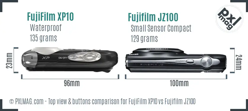 FujiFilm XP10 vs Fujifilm JZ100 top view buttons comparison FujiFilm XP10 vs Fujifilm JZ100 top view buttons comparison