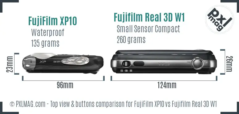 FujiFilm XP10 vs Fujifilm Real 3D W1 top view buttons comparison