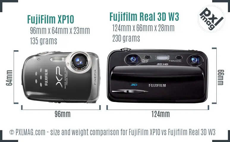 FujiFilm XP10 vs Fujifilm Real 3D W3 size comparison