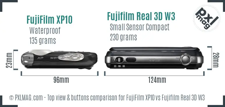 FujiFilm XP10 vs Fujifilm Real 3D W3 top view buttons comparison