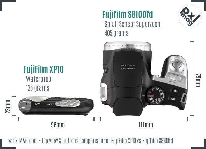 FujiFilm XP10 vs Fujifilm S8100fd top view buttons comparison