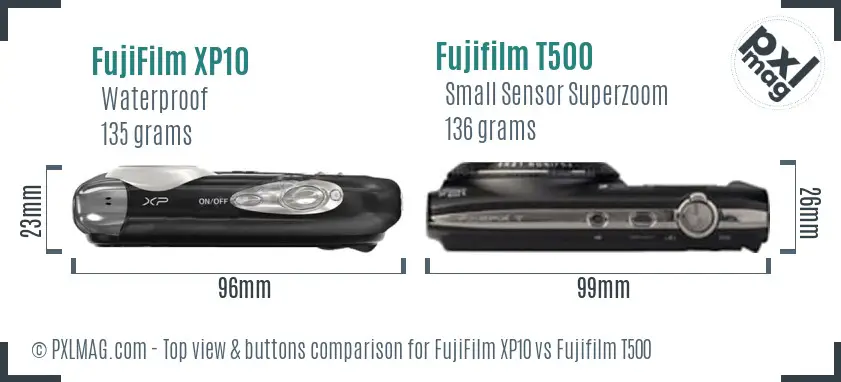 FujiFilm XP10 vs Fujifilm T500 top view buttons comparison