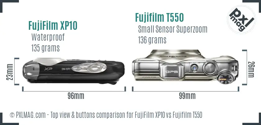 FujiFilm XP10 vs Fujifilm T550 top view buttons comparison