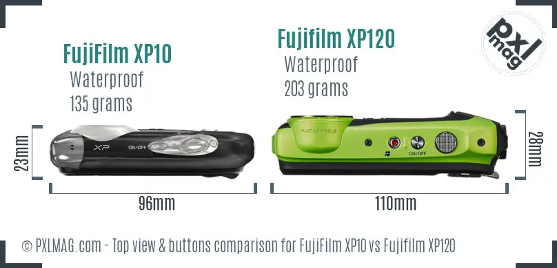 FujiFilm XP10 vs Fujifilm XP120 top view buttons comparison