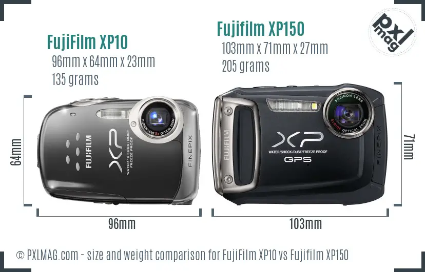 FujiFilm XP10 vs Fujifilm XP150 size comparison