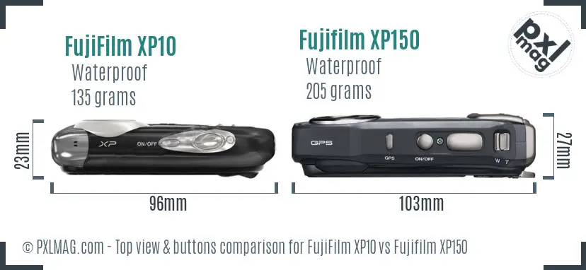 FujiFilm XP10 vs Fujifilm XP150 top view buttons comparison