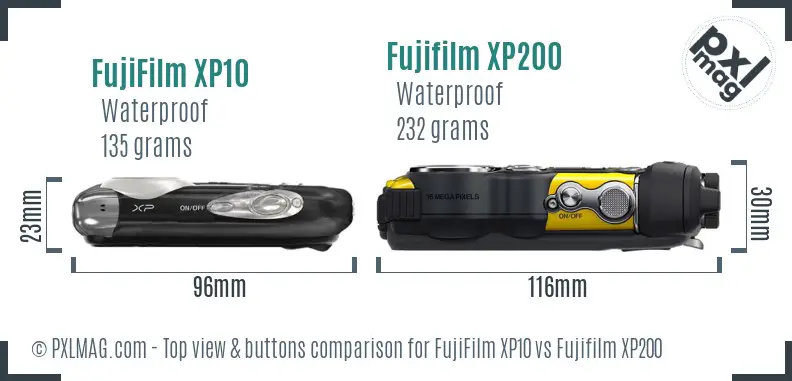 FujiFilm XP10 vs Fujifilm XP200 top view buttons comparison