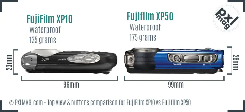 FujiFilm XP10 vs Fujifilm XP50 top view buttons comparison