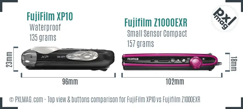 FujiFilm XP10 vs Fujifilm Z1000EXR top view buttons comparison FujiFilm XP10 vs Fujifilm Z1000EXR top view buttons comparison