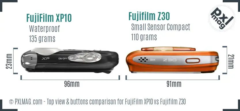 FujiFilm XP10 vs Fujifilm Z30 top view buttons comparison