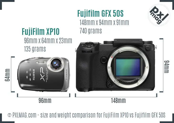 FujiFilm XP10 vs Fujifilm GFX 50S size comparison