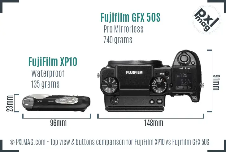 FujiFilm XP10 vs Fujifilm GFX 50S top view buttons comparison