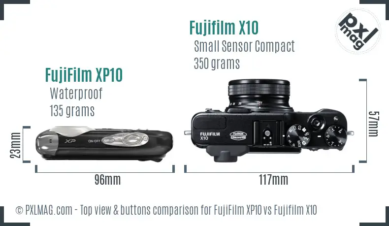 FujiFilm XP10 vs Fujifilm X10 top view buttons comparison