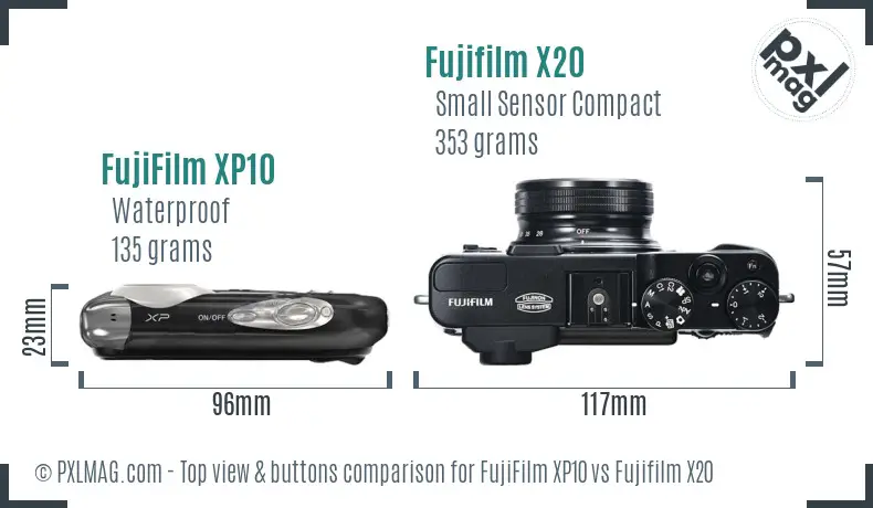 FujiFilm XP10 vs Fujifilm X20 top view buttons comparison