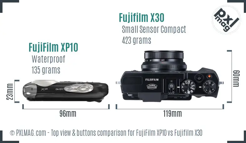 FujiFilm XP10 vs Fujifilm X30 top view buttons comparison