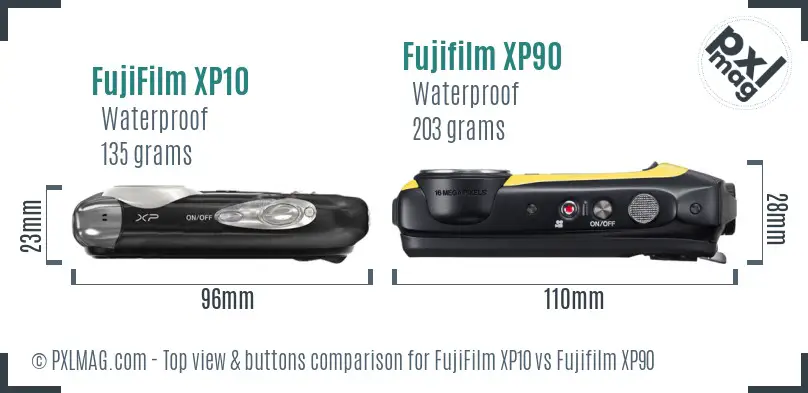 FujiFilm XP10 vs Fujifilm XP90 top view buttons comparison