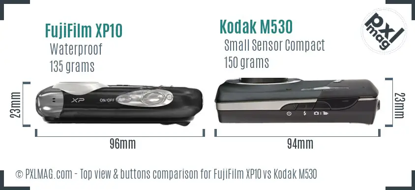 FujiFilm XP10 vs Kodak M530 top view buttons comparison FujiFilm XP10 vs Kodak M530 top view buttons comparison
