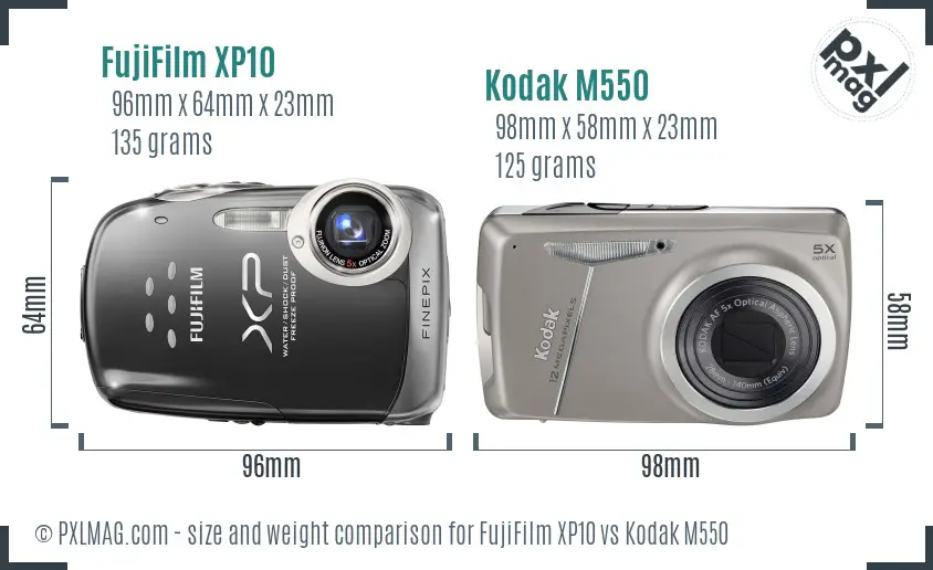 FujiFilm XP10 vs Kodak M550 size comparison