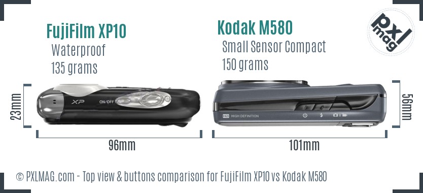 FujiFilm XP10 vs Kodak M580 top view buttons comparison