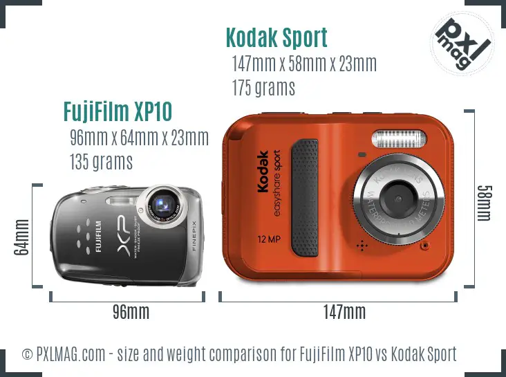 FujiFilm XP10 vs Kodak Sport size comparison