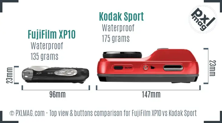 FujiFilm XP10 vs Kodak Sport top view buttons comparison