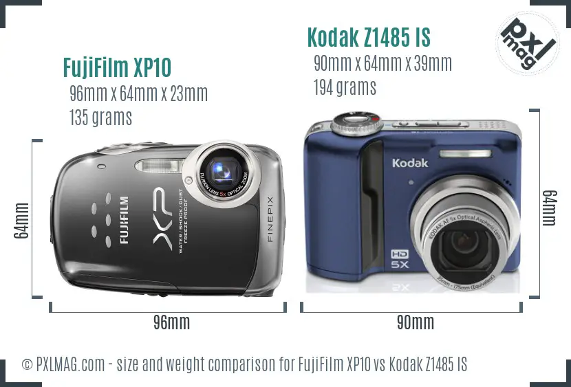 FujiFilm XP10 vs Kodak Z1485 IS size comparison